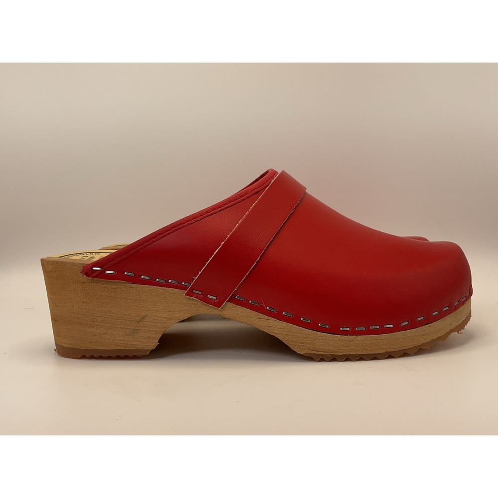HAGA TOFFELN Swedish Clog Red Leather Wood Footbed Mules Sz 37 US 7
